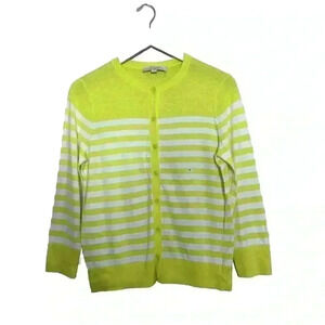 Ann Taylor Loft Yellow White Stripe Cardigan Sweater Preppy M Cotton